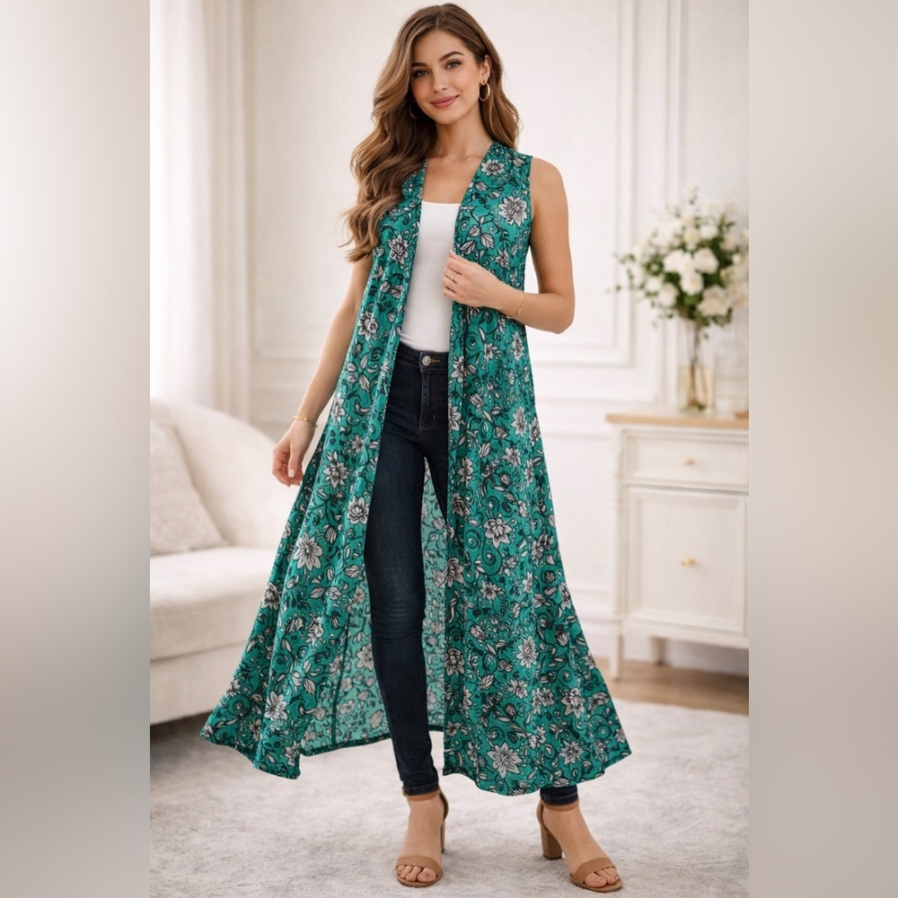 Lula roe Green Floral Sleeveless Open Front Vest Cardigan XS Lightweight